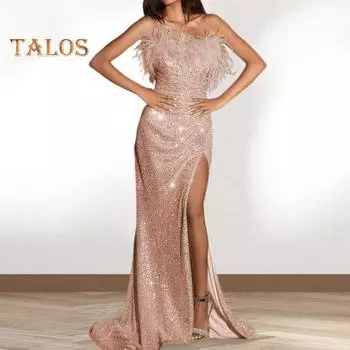 Женское вечернее платье с блестками, без рукавов, бандо с открытыми плечами, облегающее, длиной до пола, с перьями, с высоким разрезом, для коктейльной вечеринки, свадьбы, банкета S