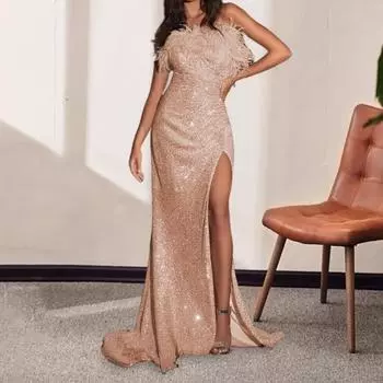 Женское вечернее платье с блестками, без рукавов, бандо с открытыми плечами, облегающее, длиной до пола, с перьями, с высоким разрезом, коктейльное, банкетное, макси-платье S