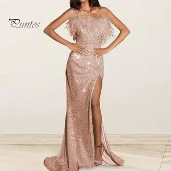 Женское вечернее платье с блестками, без рукавов, бандо с открытыми плечами, облегающее, длиной до пола, с перьями, с высоким разрезом, для коктейльной вечеринки, свадьбы, банкета S
