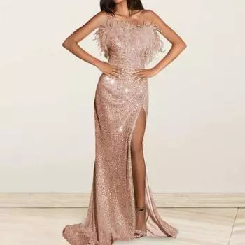 Женское вечернее платье с блестками, без рукавов, бандо с открытыми плечами, облегающее, длиной до пола, с перьями, с высоким разрезом, коктейльное, банкетное, макси-платье S