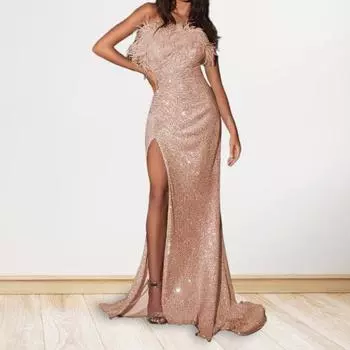 Женское вечернее платье с блестками, без рукавов, бандо с открытыми плечами, облегающее, длиной до пола, с перьями, с высоким разрезом, для коктейльной вечеринки, свадьбы, банкета S