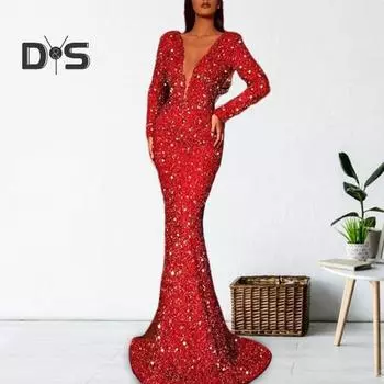 Женское вечернее платье с блестками, глубоким V-образным вырезом и длинными рукавами, облегающее платье-рыбий хвост с блестками, длиной до пола, платье макси с застежкой-молнией сзади XXL красный