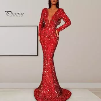 Женское вечернее платье с блестками, глубоким V-образным вырезом и длинными рукавами, облегающее платье-рыбий хвост с блестками, длиной до пола, платье макси с застежкой-молнией сзади XXL красный