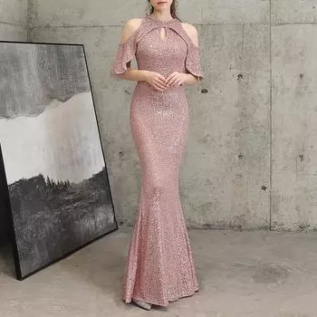Женское вечернее платье с блестками и короткими рукавами, коктейльное платье, сексуальные вечерние платья S розовый