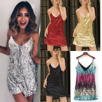 Женское вечернее платье с блестками и V-образным вырезом на бретелях Коктейльное мини-платье S вино красного