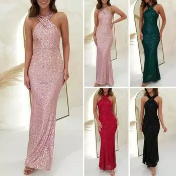 Женское вечернее платье с блестками и блестками на шее, без рукавов, с открытой спиной, облегающее платье с открытыми плечами, чистый цвет, длиной до щиколотки, для выпускного вечера, свадебное платье макси XL темно-зеленого
