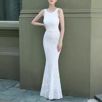 Женское вечернее платье с блестками Коктейльное платье с круглым вырезом без рукавов Сексуальные вечерние платья S белый