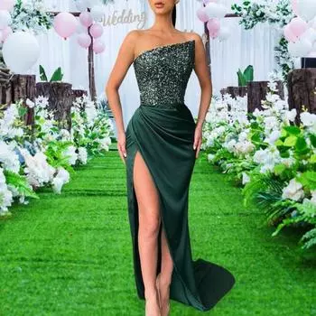 Женское вечернее платье с блестками, косой бандо, без воротника, без спинки, без рукавов, с открытыми плечами, с высоким разрезом, облегающее, длиной до пола, бальное платье макси S розовый