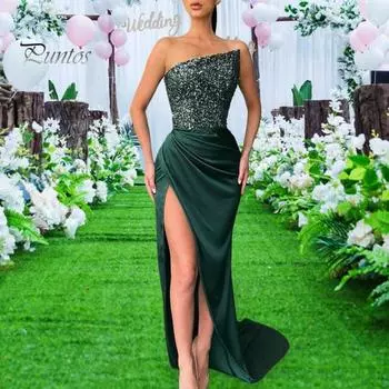 Женское вечернее платье с блестящими пайетками, наклонное бандо, без воротника, без спинки, без рукавов, с открытыми плечами, с высоким разрезом подолу, облегающее бальное платье длиной до пола, вечерние S розовый