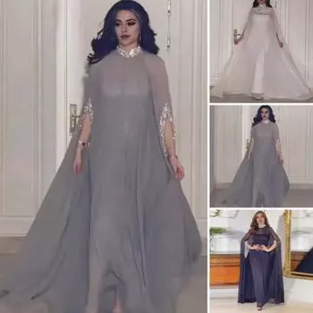 Женское вечернее платье с блестящими пайетками, полувысокий воротник, большой подол, тонкая прозрачная сетка с рукавами «летучая мышь», сплошной цвет, негабаритное платье макси с большим подолом для выпускного вечера M серый