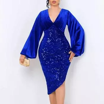 Женское вечернее платье с блестящими пайетками, глубокий V-образный вырез, косой подол, облегающее платье с длинным рукавом-фонариком, лоскутное, плотное, с высокой талией, официальное платье для выпускного банкета, миди S королевский синий