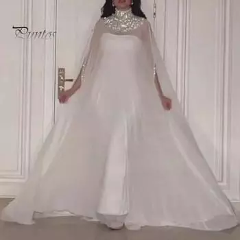 Женское вечернее платье с блестящими пайетками, полувысокий воротник, большой подол, тонкая прозрачная сетка с рукавами «летучая мышь», сплошной цвет, негабаритное платье макси с большим подолом для выпускного вечера L белый