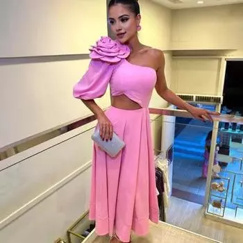 Женское вечернее платье с большим цветочным декором на одно плечо с одним рукавом и вырезом с большим подолом, трапециевидной формы, однотонное бальное платье для выпускного вечера, свадебной вечеринки, летнее платье макси M