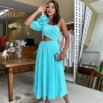 Женское вечернее платье с большим цветочным декором на одно плечо с одним рукавом и вырезом с большим подолом, трапециевидное платье для выпускного вечера, свадебной вечеринки, бальное платье, летнее платье макси M розовый