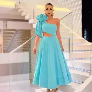 Женское вечернее платье с большим цветочным декором на одно плечо с одним рукавом и вырезом с большим подолом, трапециевидной формы, однотонное бальное платье для выпускного вечера, свадебной вечеринки, летнее платье макси M