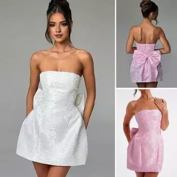 Женское вечернее платье с большим бантом, бандо с открытыми плечами, цветочная текстура, без рукавов, шнуровка, А-силуэт, открытая спина, выпускной коктейль, вечеринка, бальное платье, мини-платье S розовый