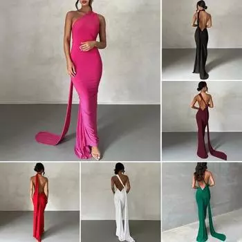 Женское вечернее платье с бретелькой на шее, нерегулярное облегающее платье с открытой спиной, без рукавов, чистый цвет, длина до пола S вино красного