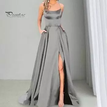 Женское вечернее платье с бретелькой на шее и открытыми плечами, атласное с высоким разрезом, без рукавов, с открытой спиной, длиной до пола, с перекрестными задними карманами, бальное платье для выпускного, свадьбы, вечеринки, невесты L серый
