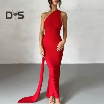 Женское вечернее платье с бретелькой на шее, нерегулярное облегающее платье с открытой спиной, без рукавов, однотонное, длиной до пола, плиссированное коктейльное вечернее платье макси L красный