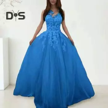 Женское вечернее платье с цветочной аппликацией, А-силуэта, большой качели, в стиле принцессы, без рукавов, с открытой спиной, с круглым вырезом, кружевное сеточное лоскутное свадебное вечернее макси-платье для выпускного вечера M розовый