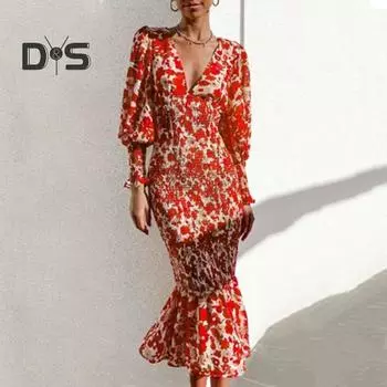 Женское вечернее платье с цветочным принтом и рукавами-фонариками, глубокий V-образный вырез, эластичное лоскутное платье с оборками до середины икры, эластичная резинка на талии, женское длинное платье XL зелёный