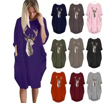 Женское вечернее платье с длинным рукавом и рождественским принтом размера S-5XL, свободное платье-футболка с круглым вырезом и карманом с принтом лося и оленя, свободное повседневное платье для выпускного вечера Vestidos S хаки
