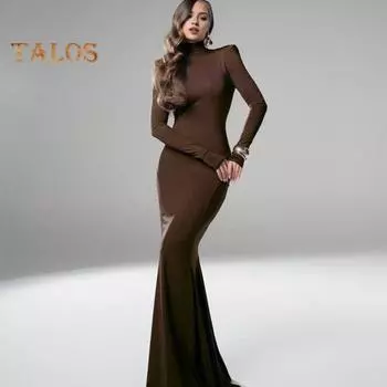 Женское вечернее платье с длинными рукавами, облегающее, однотонное, с вырезом на спине, длиной до пола, эластичное, с полувысоким воротником, вечернее платье макси для выпускного вечера S коричневый