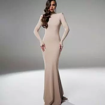 Женское вечернее платье с длинными рукавами, облегающее, однотонное, с вырезом на спине, длиной до пола, эластичное, с полувысоким воротником, вечернее платье макси для выпускного вечера S коричневый