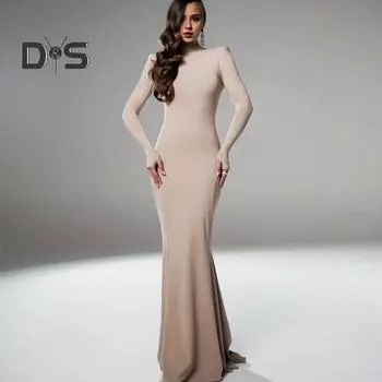 Женское вечернее платье с длинными рукавами, облегающее, однотонное, с вырезом на спине, длиной до пола, эластичное, с полувысоким воротником, вечернее платье макси для выпускного вечера S абрикосовый