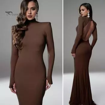 Женское вечернее платье с длинными рукавами, облегающее, однотонное, с вырезом на спине, длиной до пола, эластичное, с полувысоким воротником, вечернее платье макси для выпускного вечера S коричневый