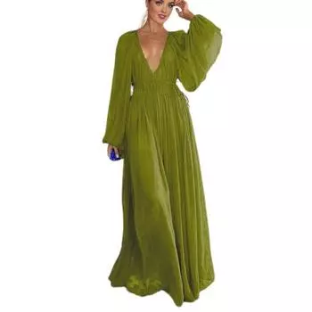 Женское вечернее платье с глубоким V-образным вырезом, плиссированное платье с длинными рукавами, сплошное цветное платье с высокой талией для отдыха, пляжной вечеринки, макси-платья S зелёный