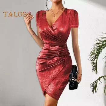 Женское вечернее платье с глубоким V-образным вырезом и плиссированной оболочкой, сплошной цвет, узкая глянцевая поверхность, с короткими рукавами и разрезом подол, облегающее мини-платье для клубной вечеринки S красный