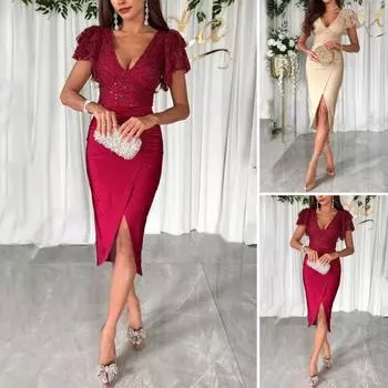 Женское вечернее платье с глубоким V-образным вырезом, узкая оболочка, с разрезом по краю, с рюшами и короткими рукавами, прозрачное кружево, чистое M вино красного