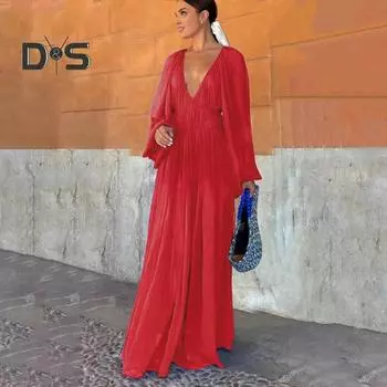 Женское вечернее платье с глубоким V-образным вырезом, плиссированное, с длинными рукавами, однотонное, с высокой талией, для отпуска, для пляжной вечеринки, платье макси, длинное платье для выпускного вечера S красный