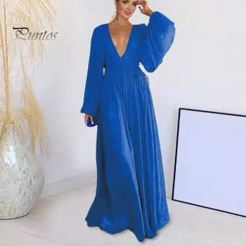 Женское вечернее платье с глубоким V-образным вырезом, плиссированное, с длинными рукавами, однотонное, с высокой талией, для отпуска, для пляжной вечеринки, платье макси, длинное платье для выпускного вечера S зелёный