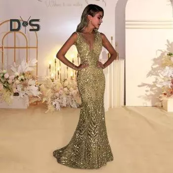 Женское вечернее платье с глубоким V-образным вырезом, облегающее платье с открытой спиной и без рукавов, блестящие пайетки, рыбий хвост, подол, длина до пола, платье макси, бальное платье для выпускного вечера S золотистый