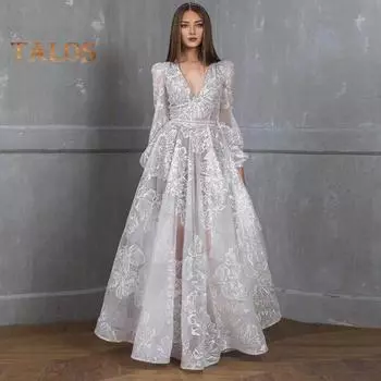 Женское вечернее платье с глубоким V-образным вырезом, кружевным цветочным узором, макси-платье А-силуэта, с длинными рукавами-фонариками, с высокой талией, плиссированное бальное платье для выпускного вечера S белый