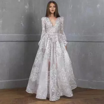 Женское вечернее платье с глубоким V-образным вырезом, кружевное, с цветочной вышивкой, макси-платье А-силуэта, большой размер S белый