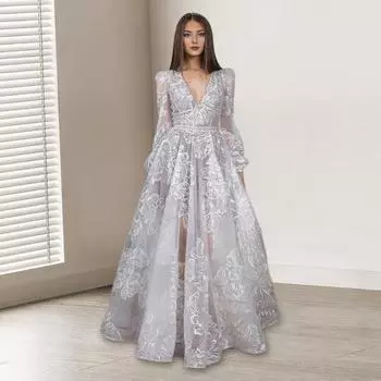 Женское вечернее платье с глубоким V-образным вырезом, кружевным цветочным узором, макси-платье А-силуэта, с длинными рукавами-фонариками, высокой талией, плиссированное бальное платье для выпускного вечера 2XL белый
