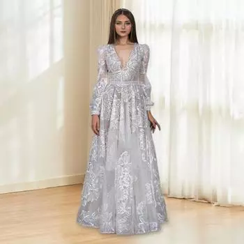 Женское вечернее платье с глубоким V-образным вырезом, кружевное, с цветочной вышивкой, макси-платье А-силуэта S белый