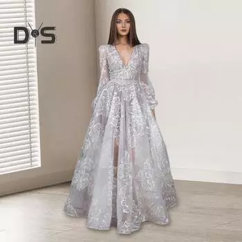 Женское вечернее платье с глубоким V-образным вырезом, кружевное, с цветочной вышивкой, макси-платье А-силуэта, с длинными рукавами-фонариками, с высокой талией, плиссированное бальное платье для выпускного вечера S белый
