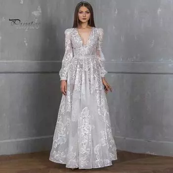 Женское вечернее платье с глубоким V-образным вырезом, кружевное, с цветочной вышивкой, макси-платье А-силуэта, с длинными рукавами-фонариками, с высокой талией, плиссированное бальное платье для выпускного вечера S белый