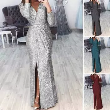 Женское вечернее платье с глубоким V-образным вырезом, декором из пайеток, длинными рукавами, эластичным поясом, плиссированным разрезом XXL зелёный