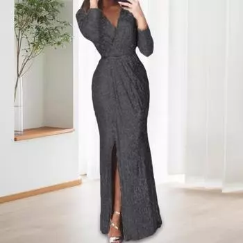 Женское вечернее платье с глубоким V-образным вырезом, декором из пайеток, длинными рукавами, эластичным поясом, плиссированным разрезом по низу, однотонное, для торжественных случаев, свадебных вечеринок, выпускного вечера, макси-платье S белый