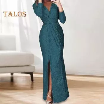 Женское вечернее платье с глубоким V-образным вырезом, декором из пайеток, длинными рукавами, эластичным поясом, плиссированным разрезом по низу, однотонное, для торжественных случаев, свадебных вечеринок, выпускного вечера, макси-платье S вино красного