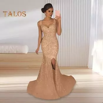 Женское вечернее платье с глубоким V-образным вырезом, разрезом по низу, блестками, узким подолом, застежкой-молнией сзади, без рукавов, выпускное коктейльное платье длиной до пола, бальное платье S розовый