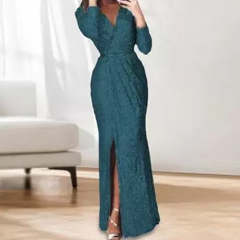 Женское вечернее платье с глубоким V-образным вырезом, декором из пайеток, длинными рукавами, эластичной талией S зелёный