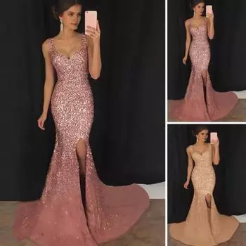 Женское вечернее платье с глубоким V-образным вырезом, разрезом по низу, блестками, узким подолом, застежкой-молнией сзади, без рукавов, выпускное коктейльное платье длиной до пола, бальное платье S розовый