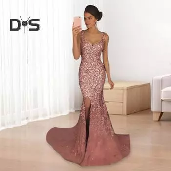 Женское вечернее платье с глубоким V-образным вырезом, разрезом по низу, блестками, узким подолом, застежкой-молнией сзади, без рукавов, выпускное коктейльное платье длиной до пола, бальное платье S розовый