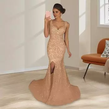 Женское вечернее платье с глубоким V-образным вырезом, разрезом по низу, блестками, узким подолом, застежкой-молнией сзади, без рукавов, выпускное коктейльное платье длиной до пола, бальное платье S золотистый